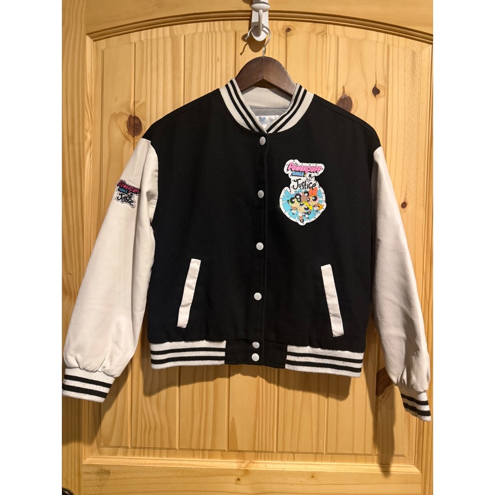 Justice Powerpuff Girls Varsity Jacket Black White Faux Leather Girls L 12/14